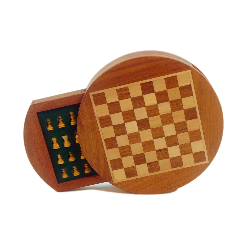 WorldWise Imports 6" Magnetic Round Wood Inlaid Chess Set with Slide Drawer - Image 2