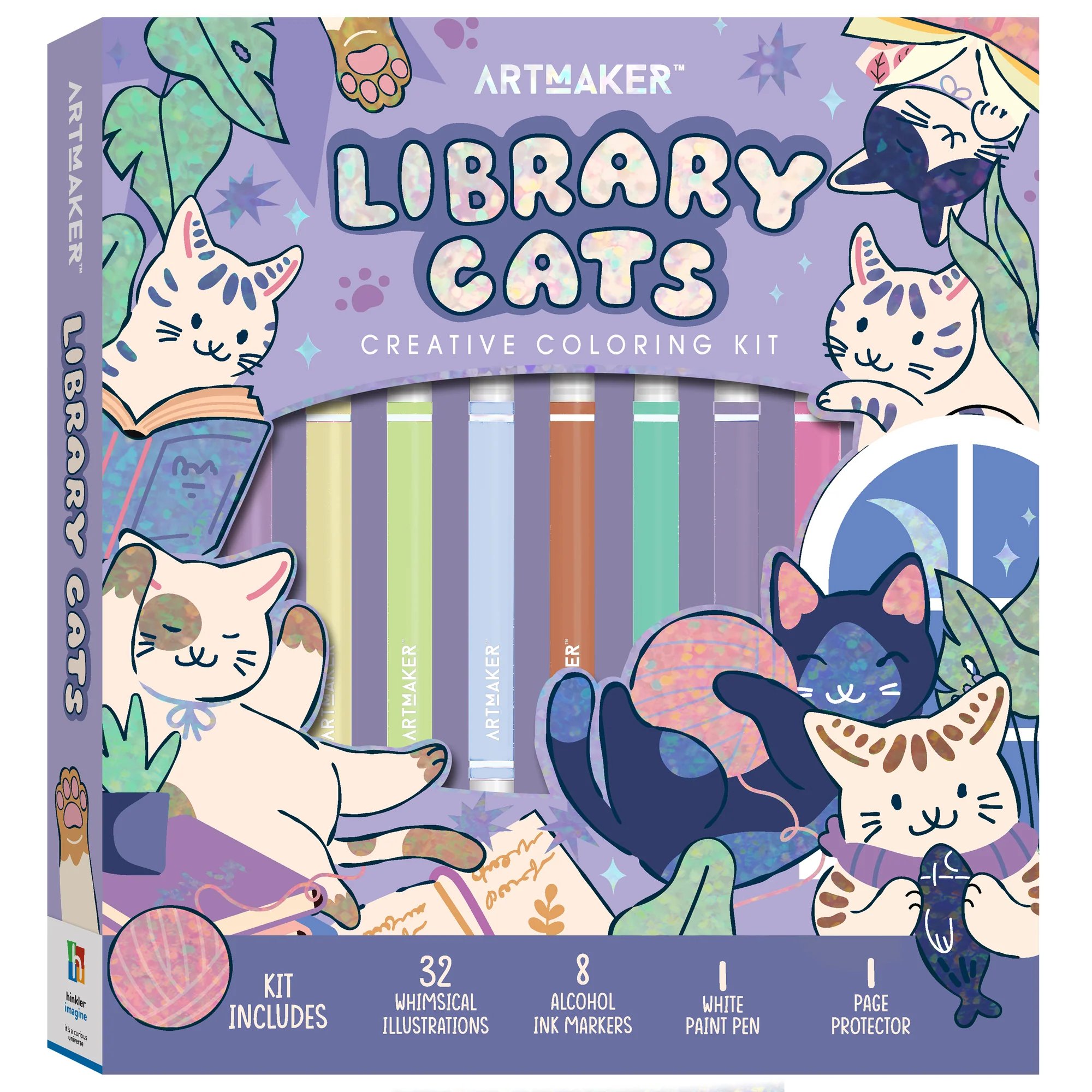 Art Maker Library Cats Coloring Kit With 32 Illustrations, 8 Markers And Paint Pen
