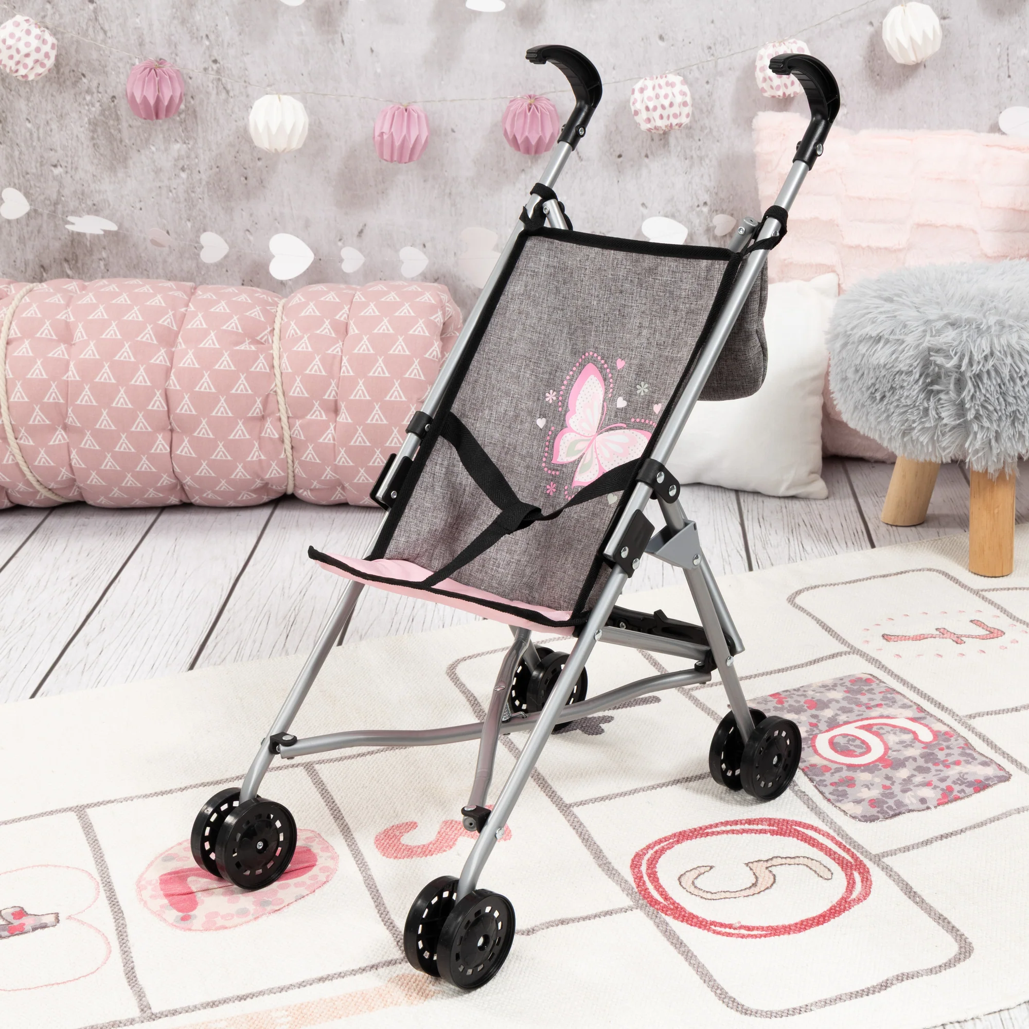 Bayer Design Doll Buggy Stroller With Butterfly Pattern And Storage Basket - Image 5