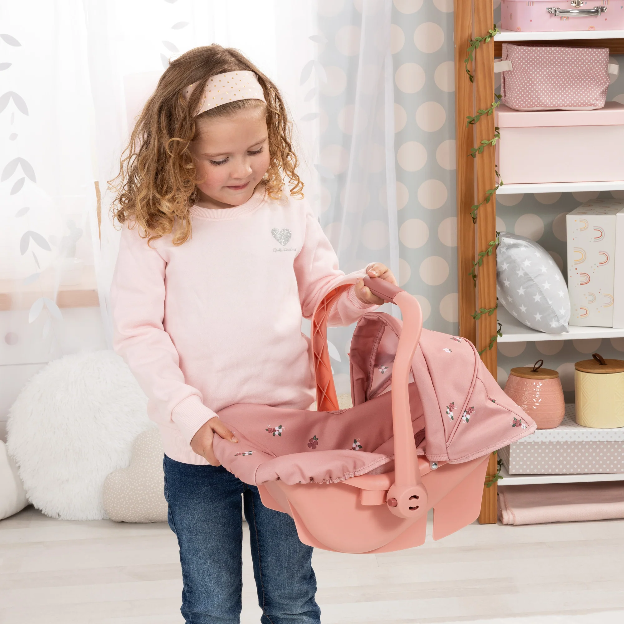 Bayer Design Deluxe Doll Car Seat With Canopy And Safety Belt - Coral Pink Floral - Image 2