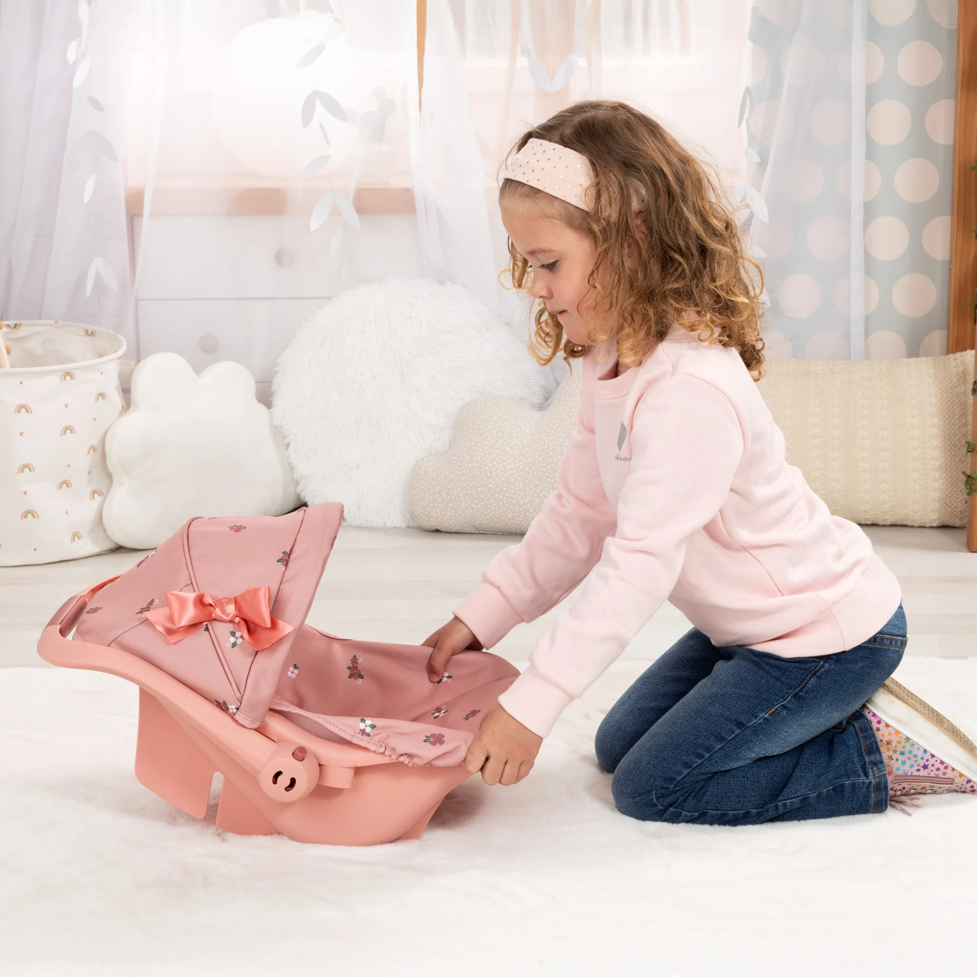 Bayer Design Deluxe Doll Car Seat With Canopy And Safety Belt - Coral Pink Floral - Image 3