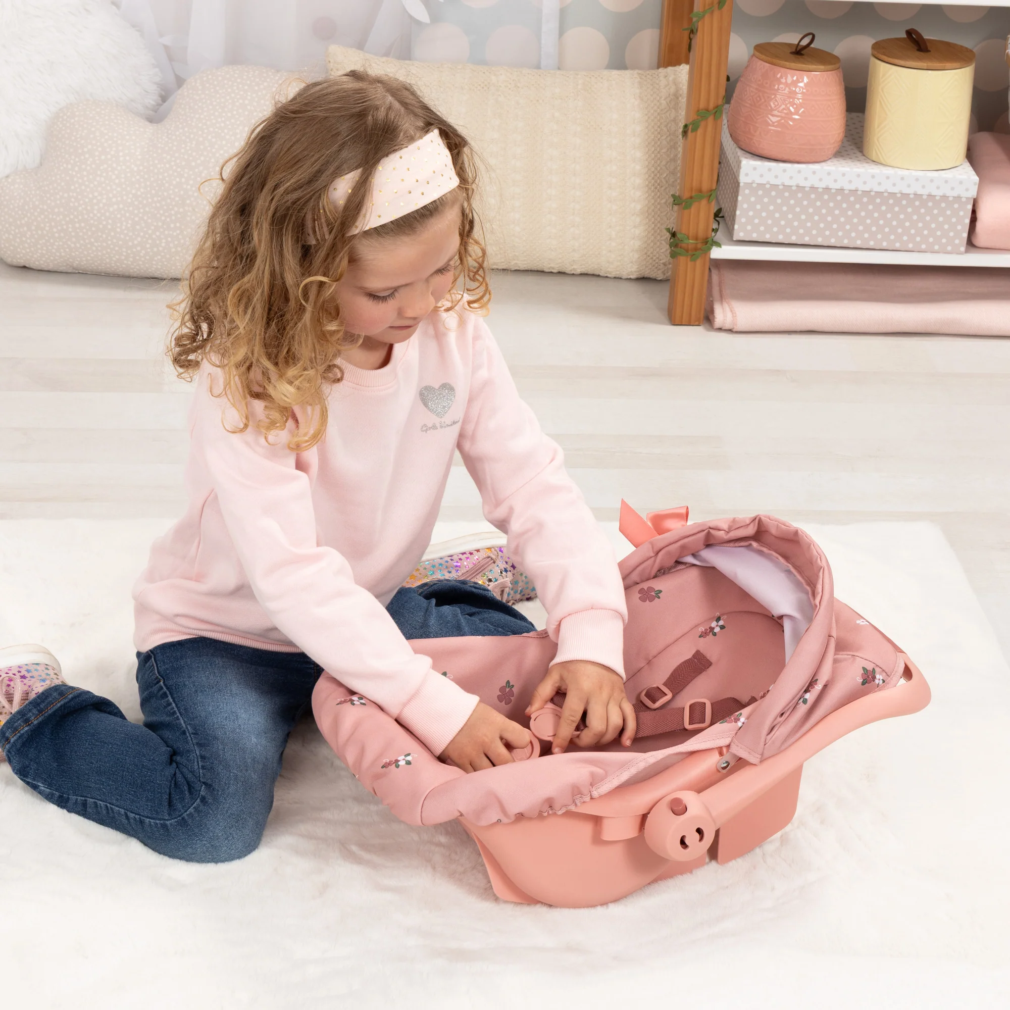 Bayer Design Deluxe Doll Car Seat With Canopy And Safety Belt - Coral Pink Floral - Image 5