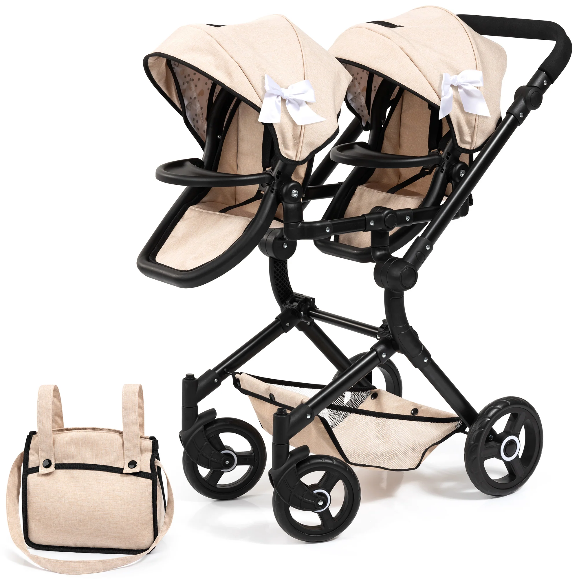 Bayer Design Twin Neo Tandem Doll Pram With Adjustable Handle And Shopping Basket
