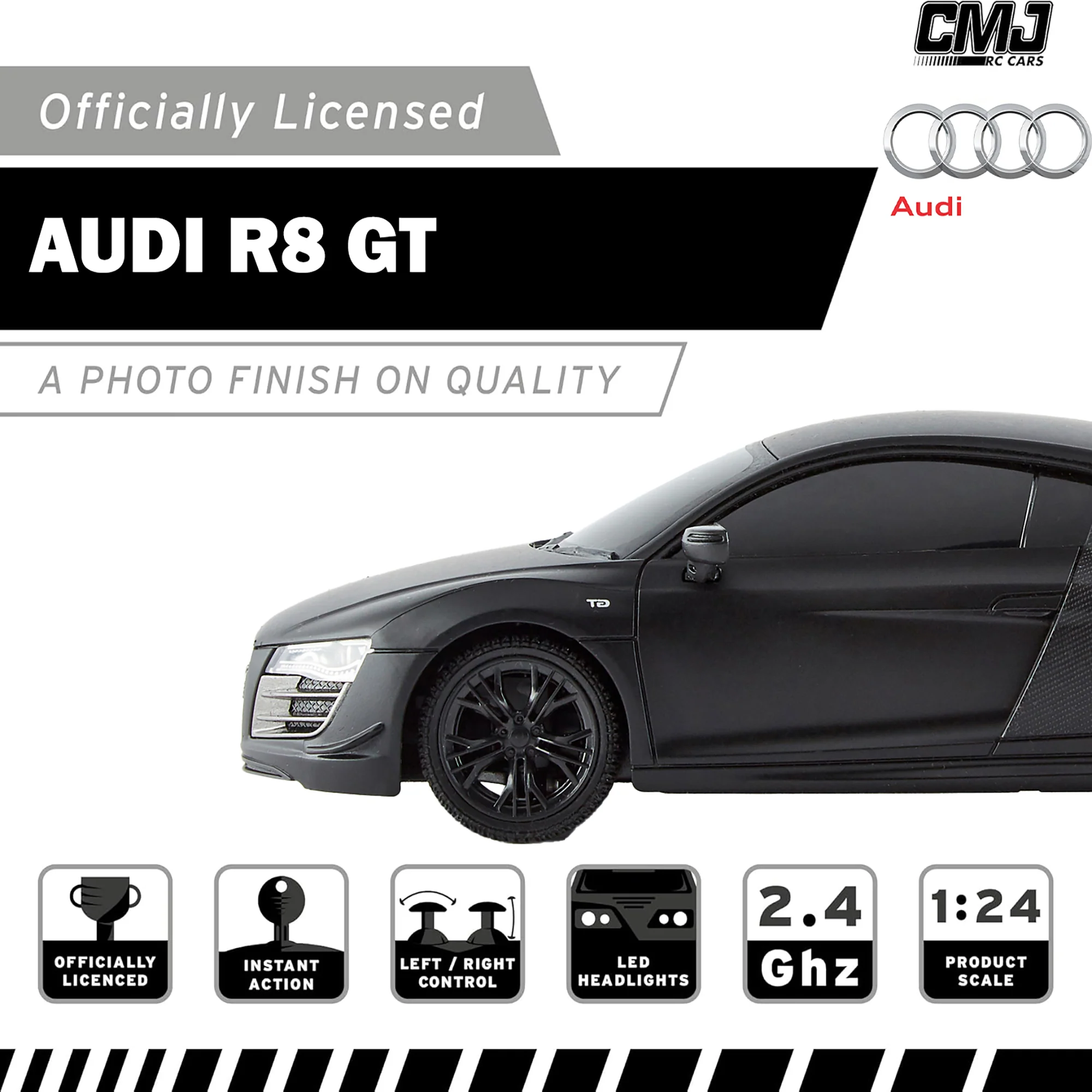 CMJ RC Cars Audi R8 GT - Black - 1:24 Scale Remote Control Car with LED Headlights and 2.4GHz Racing Frequency - Image 3
