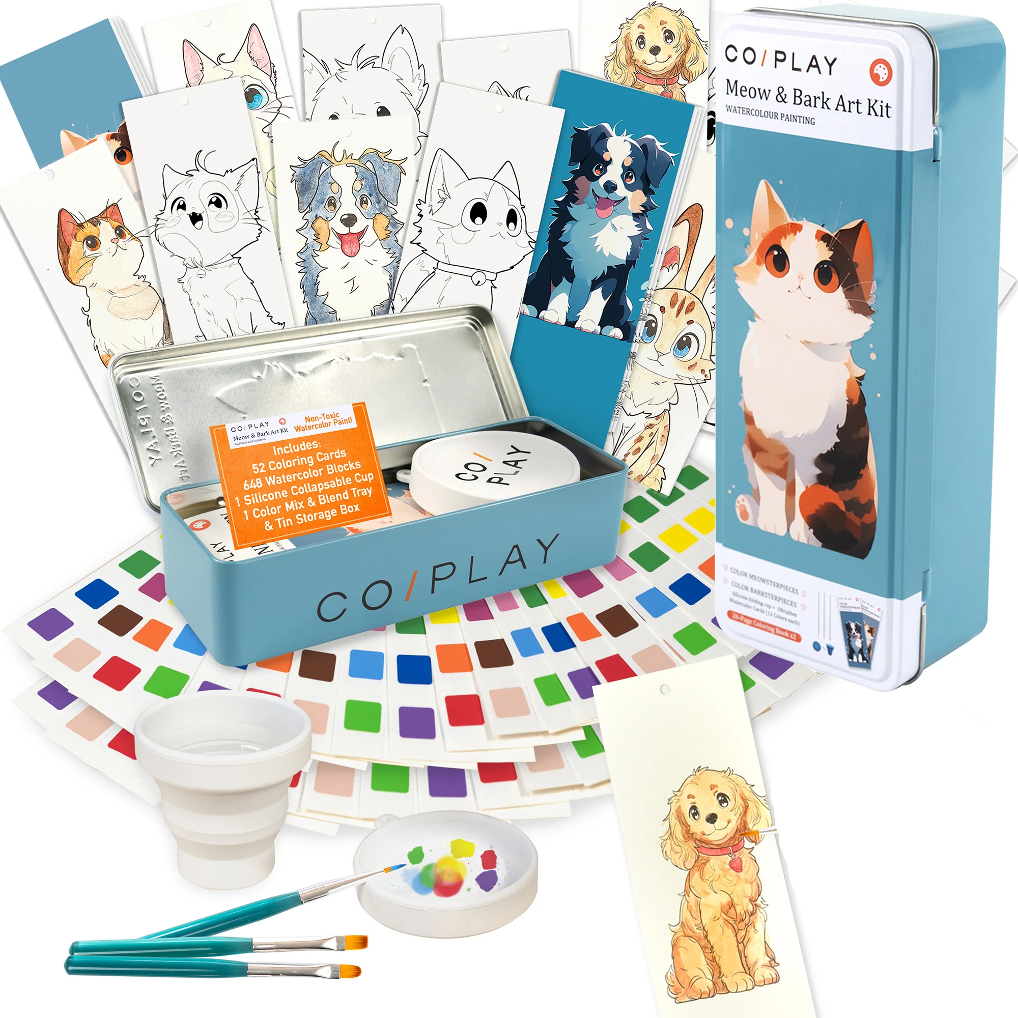 COIPlay Meow & Bark Watercolor Art Kit With 648 Paint Blocks And 52 Animal Bookmarks