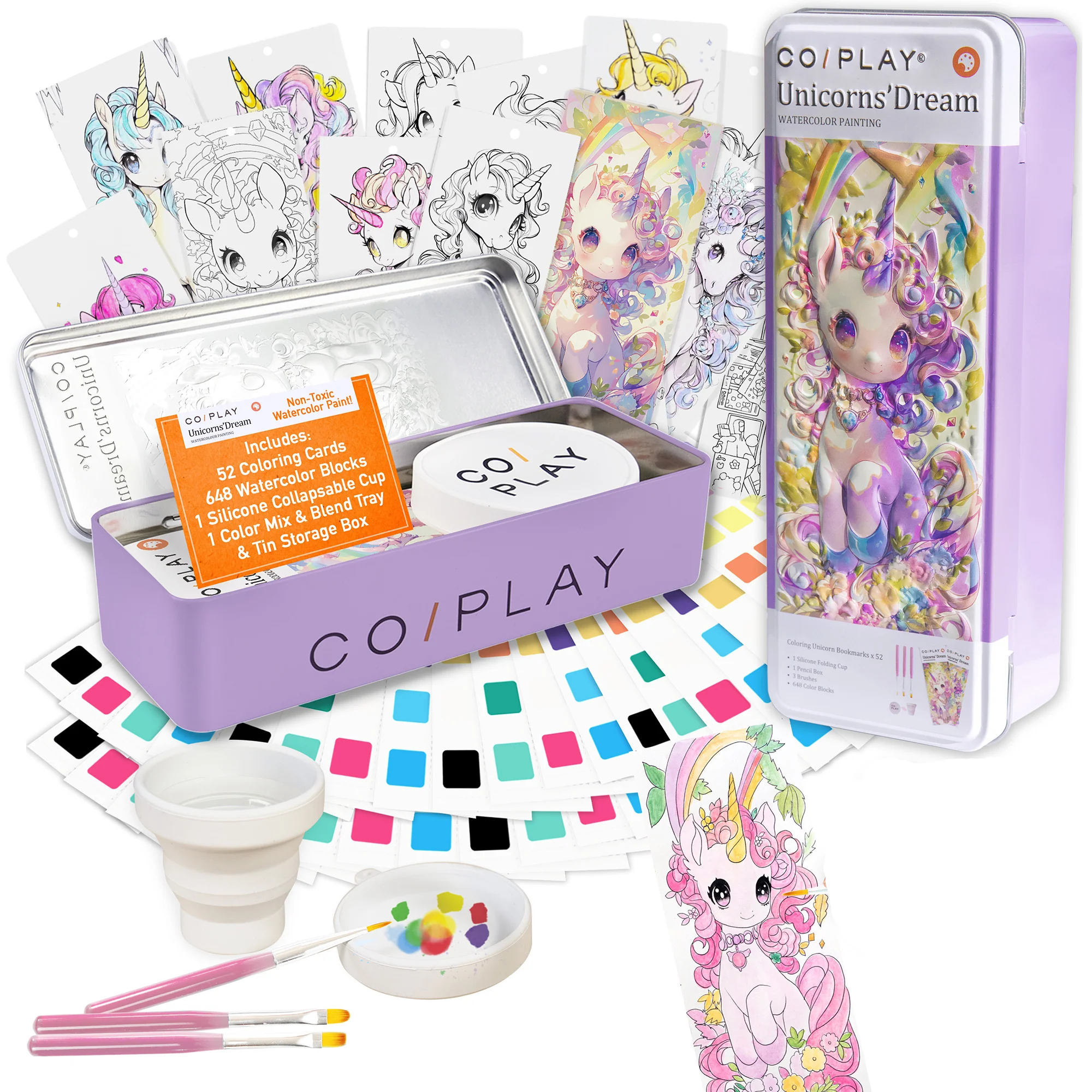 COIPlay Unicorns Dream Watercolor Art Kit - 648 Color Blocks, 52 Bookmarks, 3 Brushes