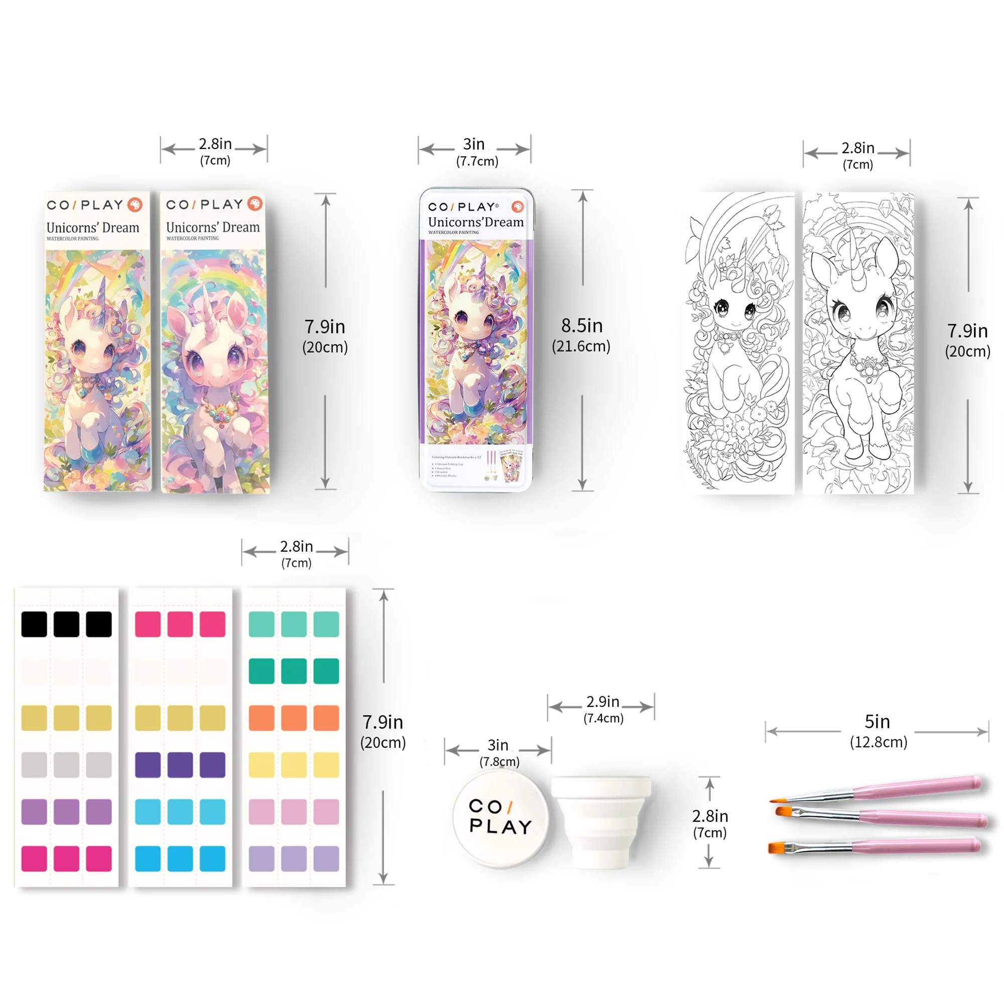 COIPlay Unicorns Dream Watercolor Art Kit - 648 Color Blocks, 52 Bookmarks, 3 Brushes - Image 2