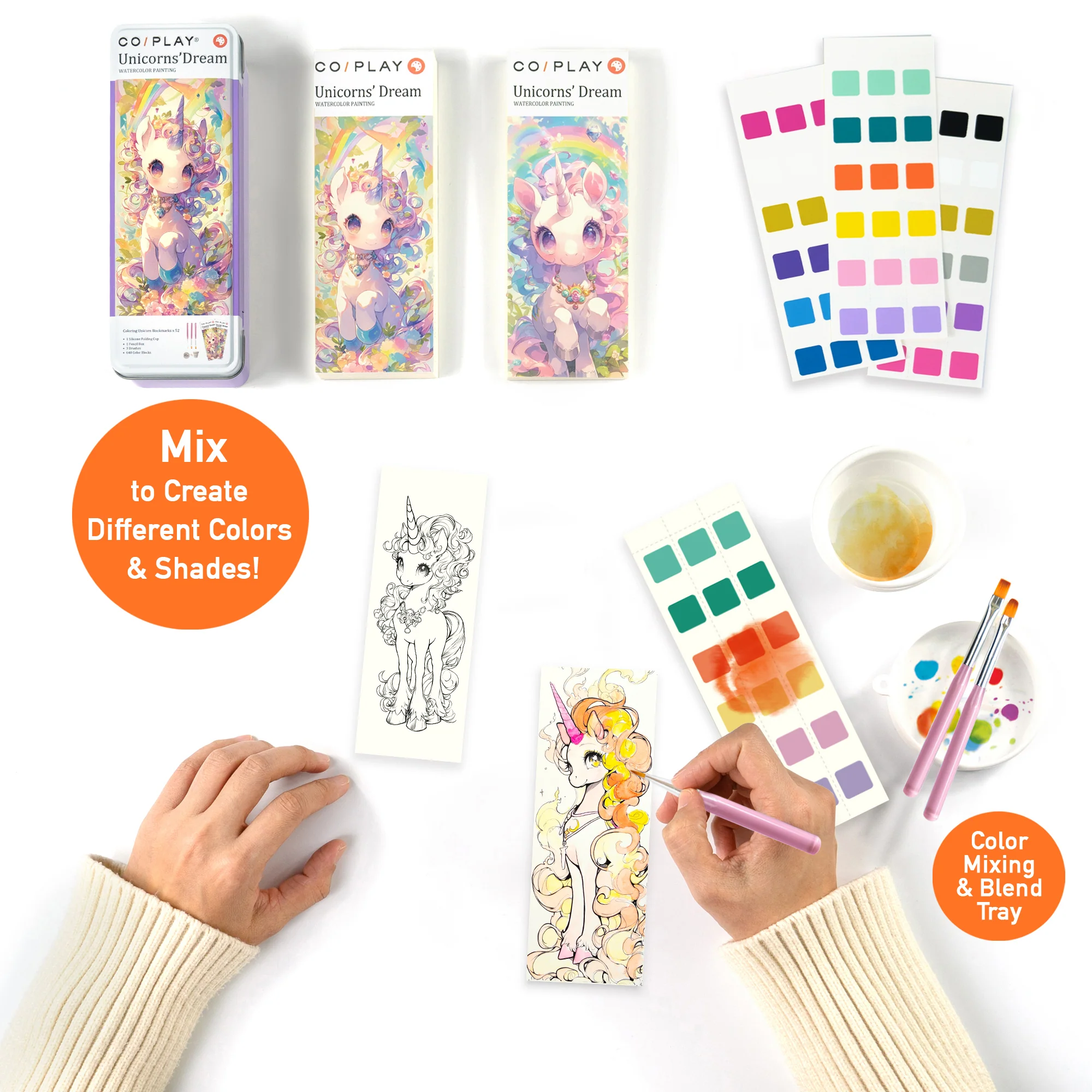 COIPlay Unicorns Dream Watercolor Art Kit - 648 Color Blocks, 52 Bookmarks, 3 Brushes - Image 3