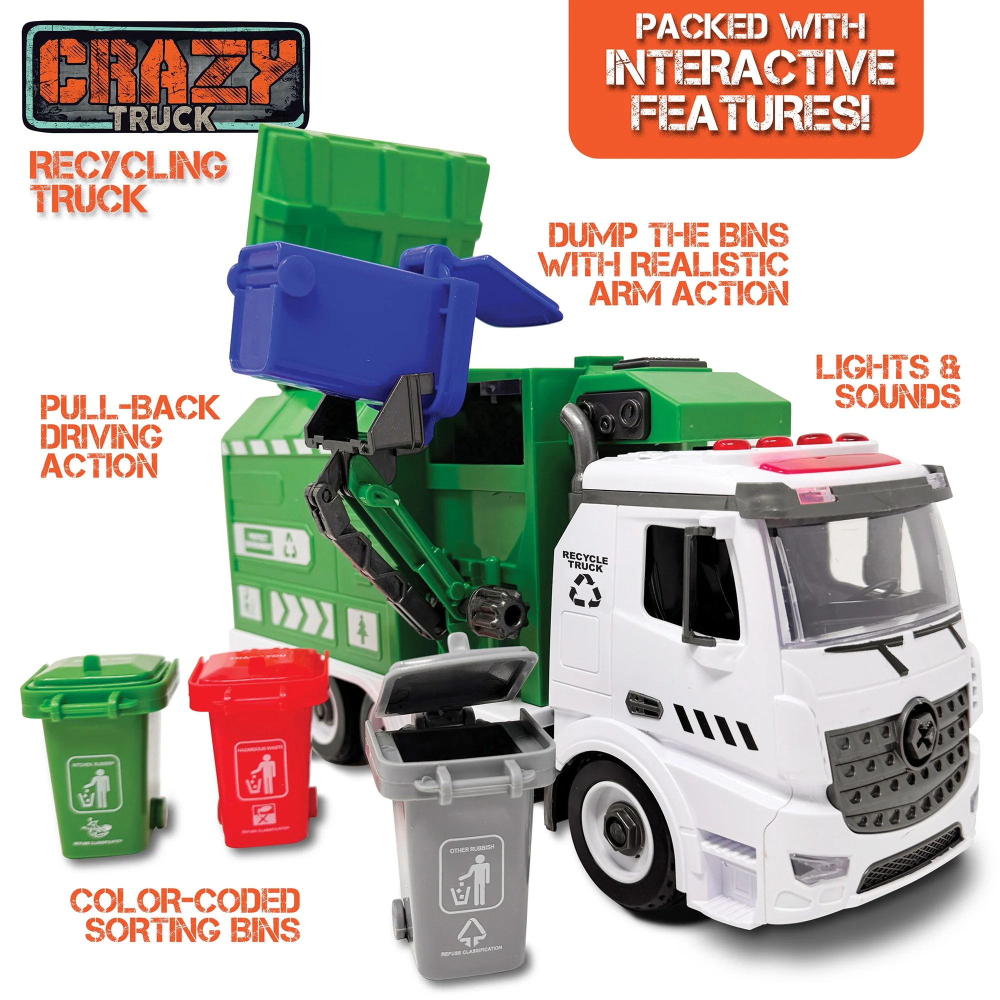 Crazy Truck City Recycler - 1:16 Scale Interactive Toy Recycling Truck - Image 2
