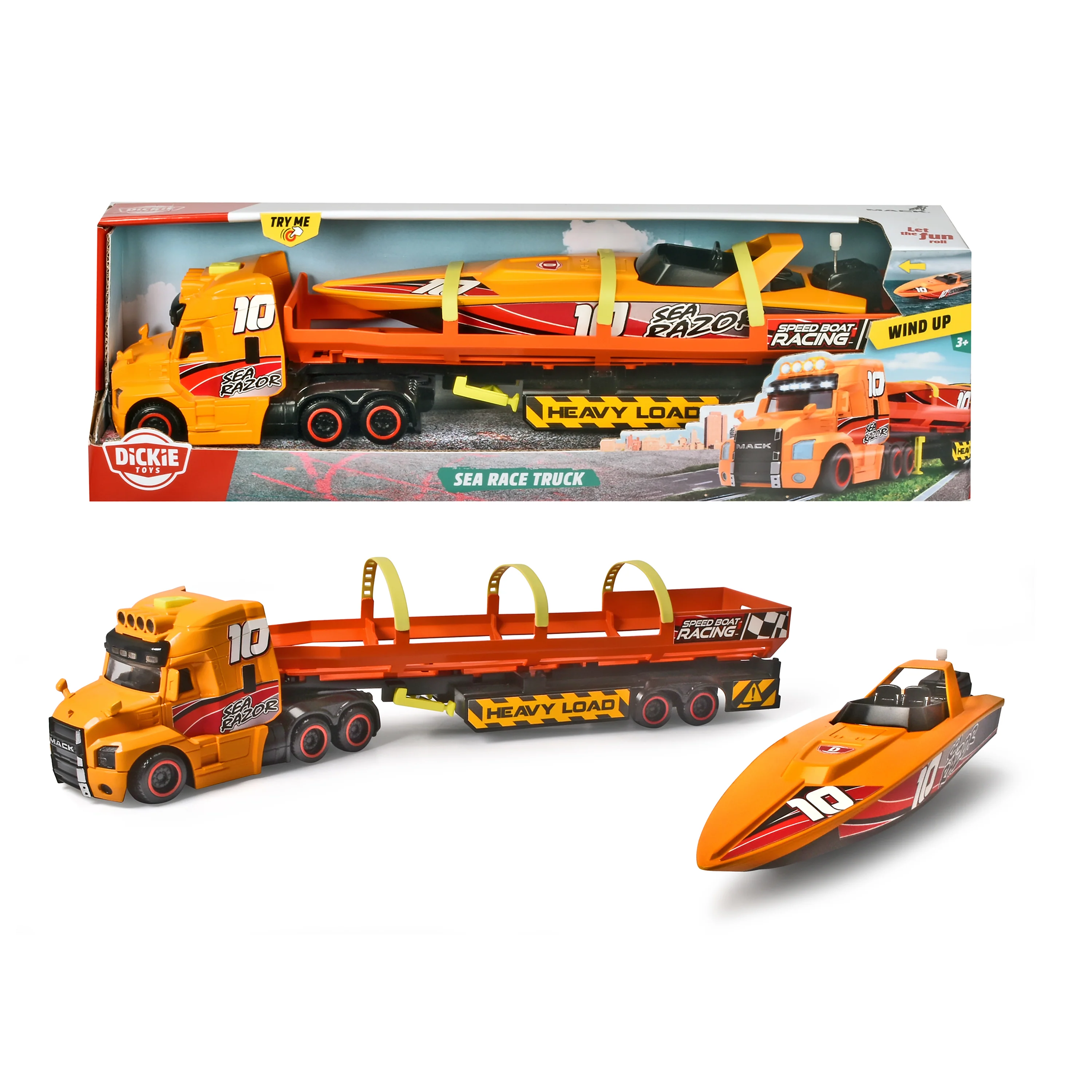 Dickie Toys Mack Truck with Light-up Trailer and Motorized Boat