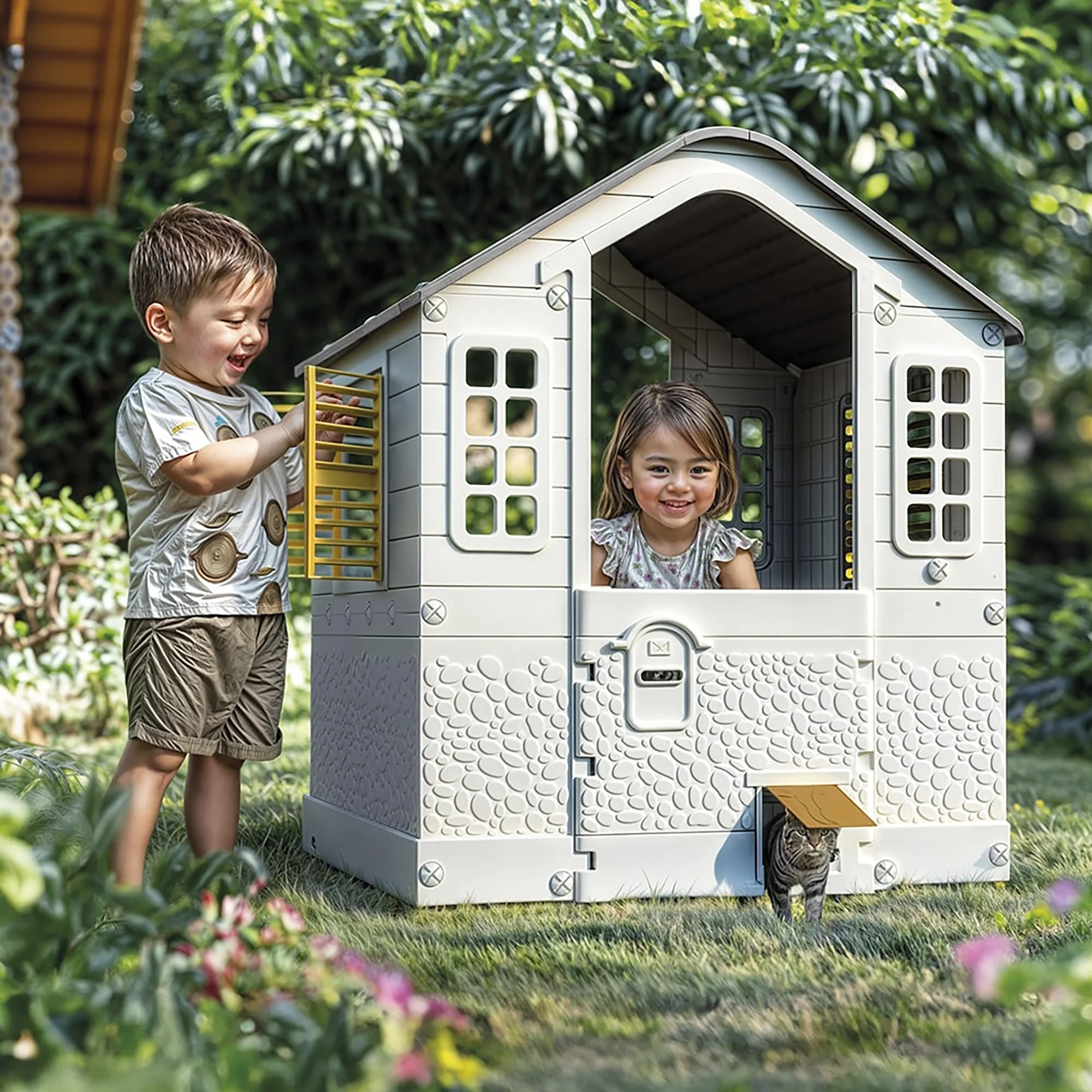 Dolu My First Cottage Playhouse - Vibrant White, Green, Yellow - Image 3