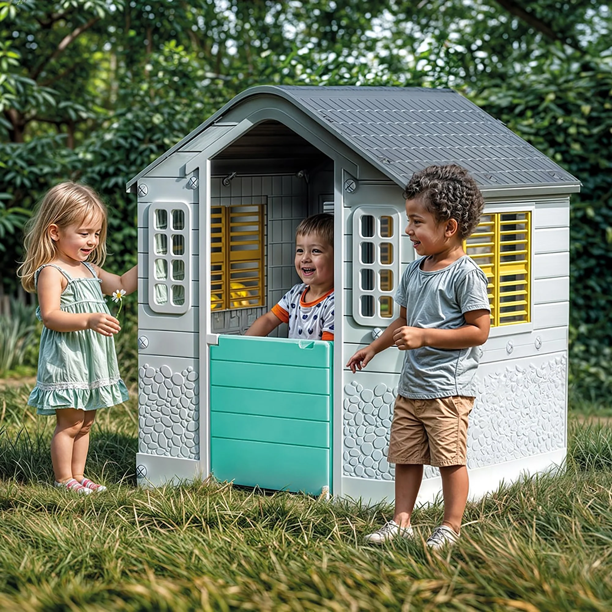 Dolu My First Cottage Playhouse - Vibrant White, Green, Yellow - Image 4