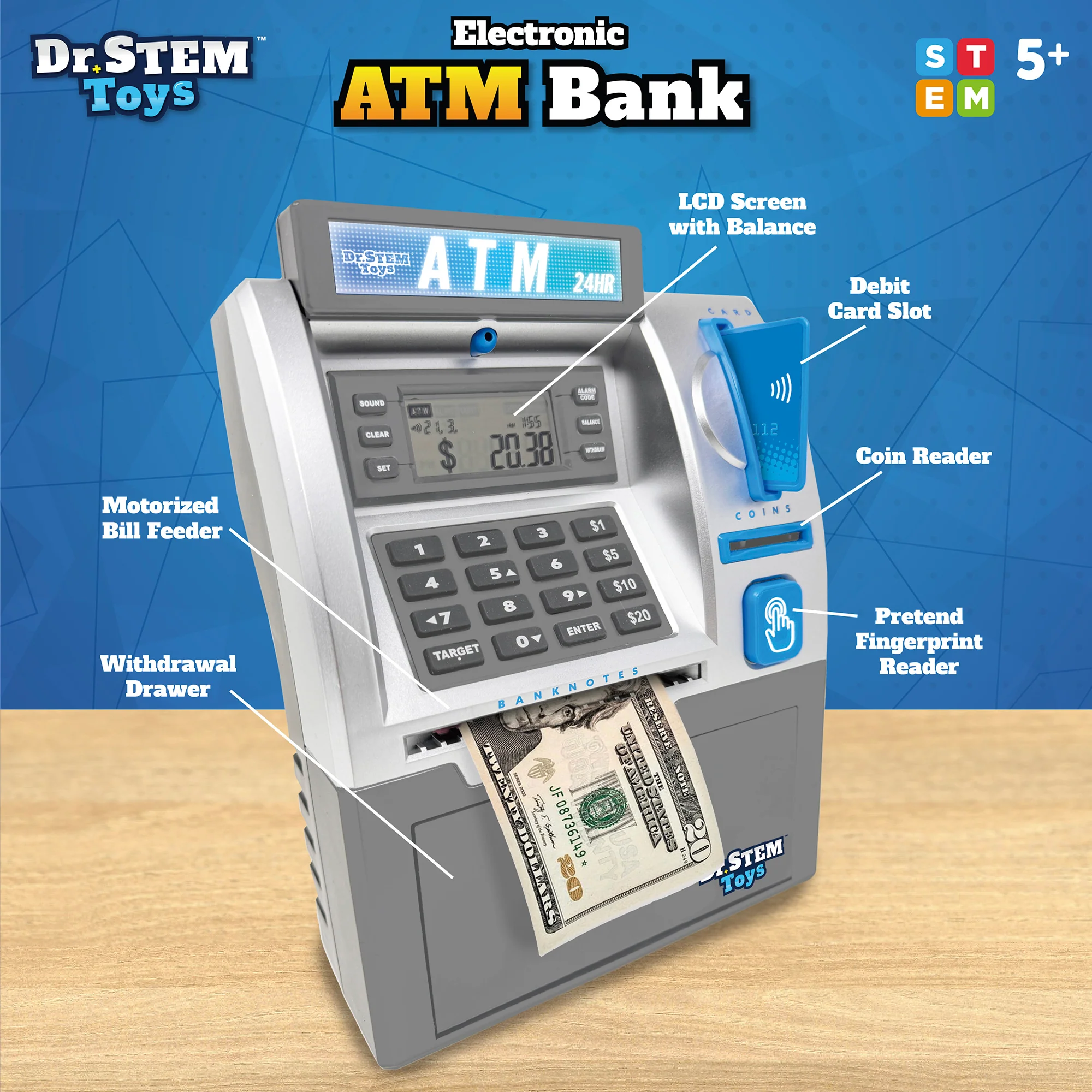 Dr. STEM Deluxe ATM Savings Bank - Real Money Management with Digital LCD, Coin Counting, Bill Feeder, PIN Security, STEM Learning for Ages 5+ - Image 4