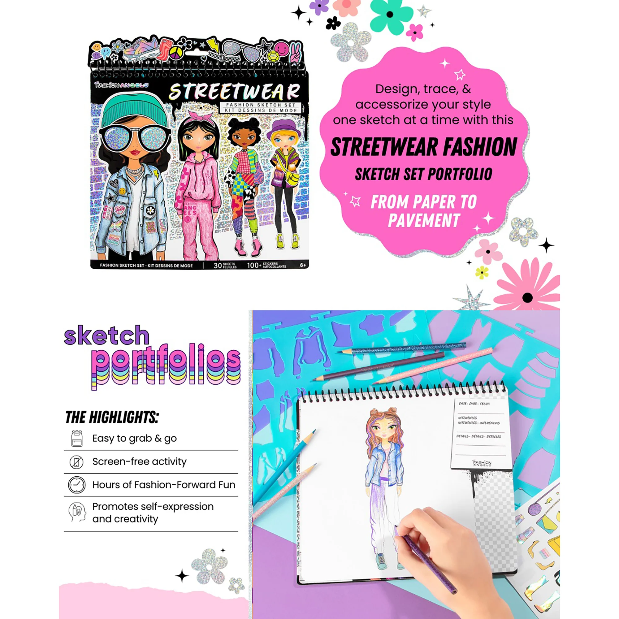 Fashion Angels Streetwear Sketch Portfolio With 30 Sheets And Stencils - Image 3