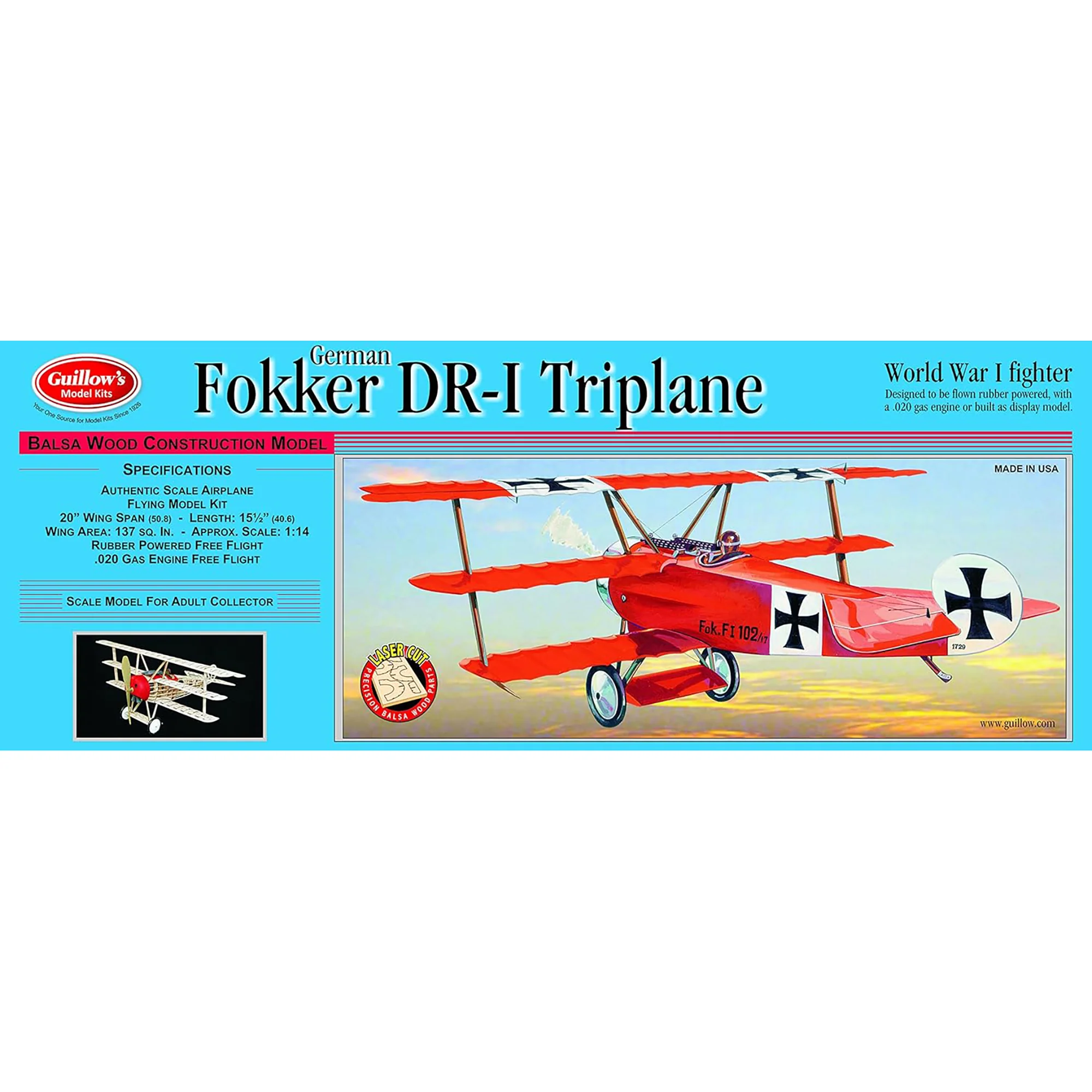 Guillow's Fokker DR1 Triplane Laser Cut Balsa Wood Flying Model Kit 20-Inch Wingspan