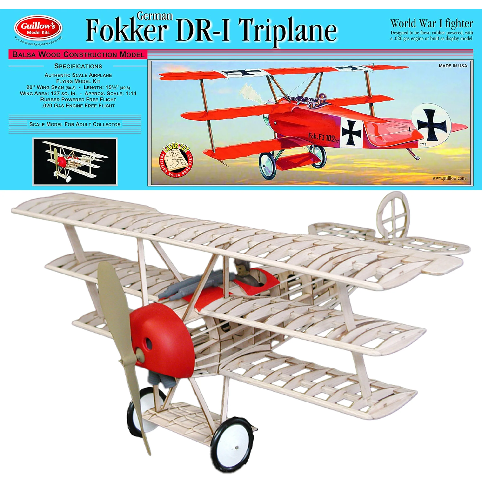 Guillow's Fokker DR1 Triplane Laser Cut Balsa Wood Flying Model Kit 20-Inch Wingspan - Image 5