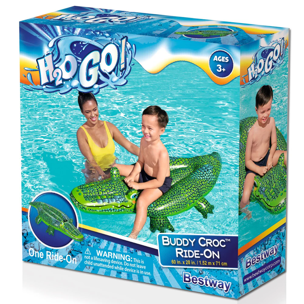 H2OGO! Buddy Croc Inflatable Ride-On Pool Float, 60" x 28", Green - Image 2