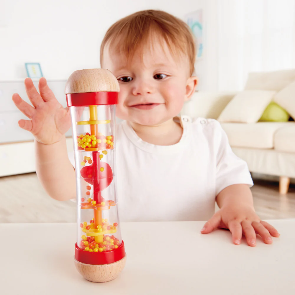 Hape Beaded Raindrops - Sensory Sound Red Wooden Rainmaker - Image 3