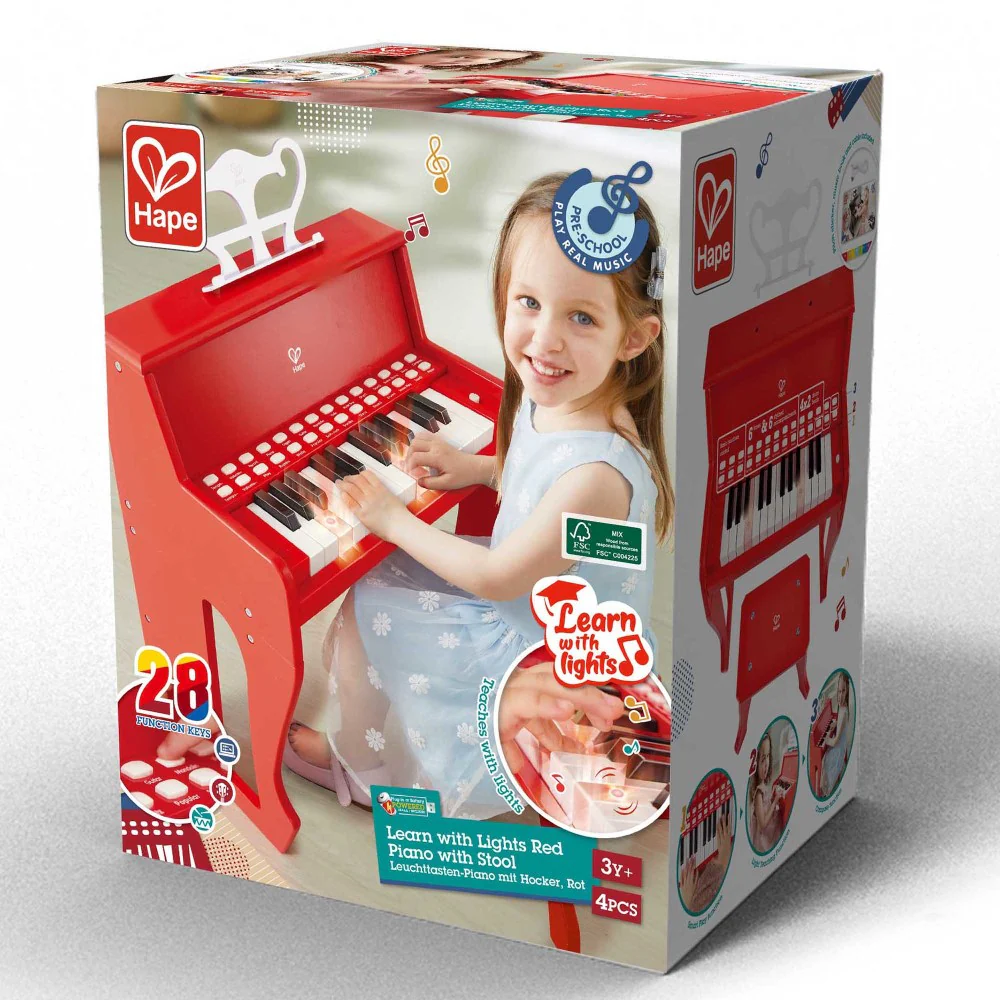 Hape Red Learn With Lights Piano and Stool - Wooden Electric Musical Toy - Image 5