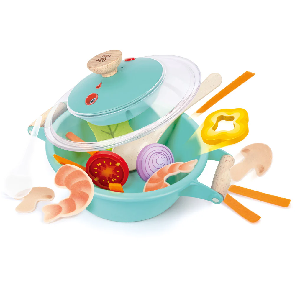 Hape Little Chef Teal Wooden Kitchen Playset - 9pc Cooking & Steam Set - Image 3