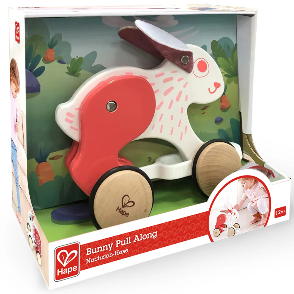 Hape Pull Along Bunny - White & Red Wooden Toy - Image 2