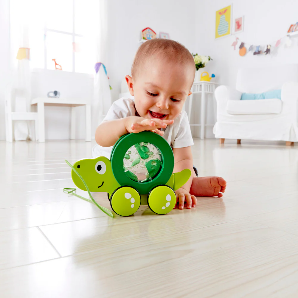 Hape Pull-Along Tito - Green Wooden Turtle with Swirling Water Shell - Image 6