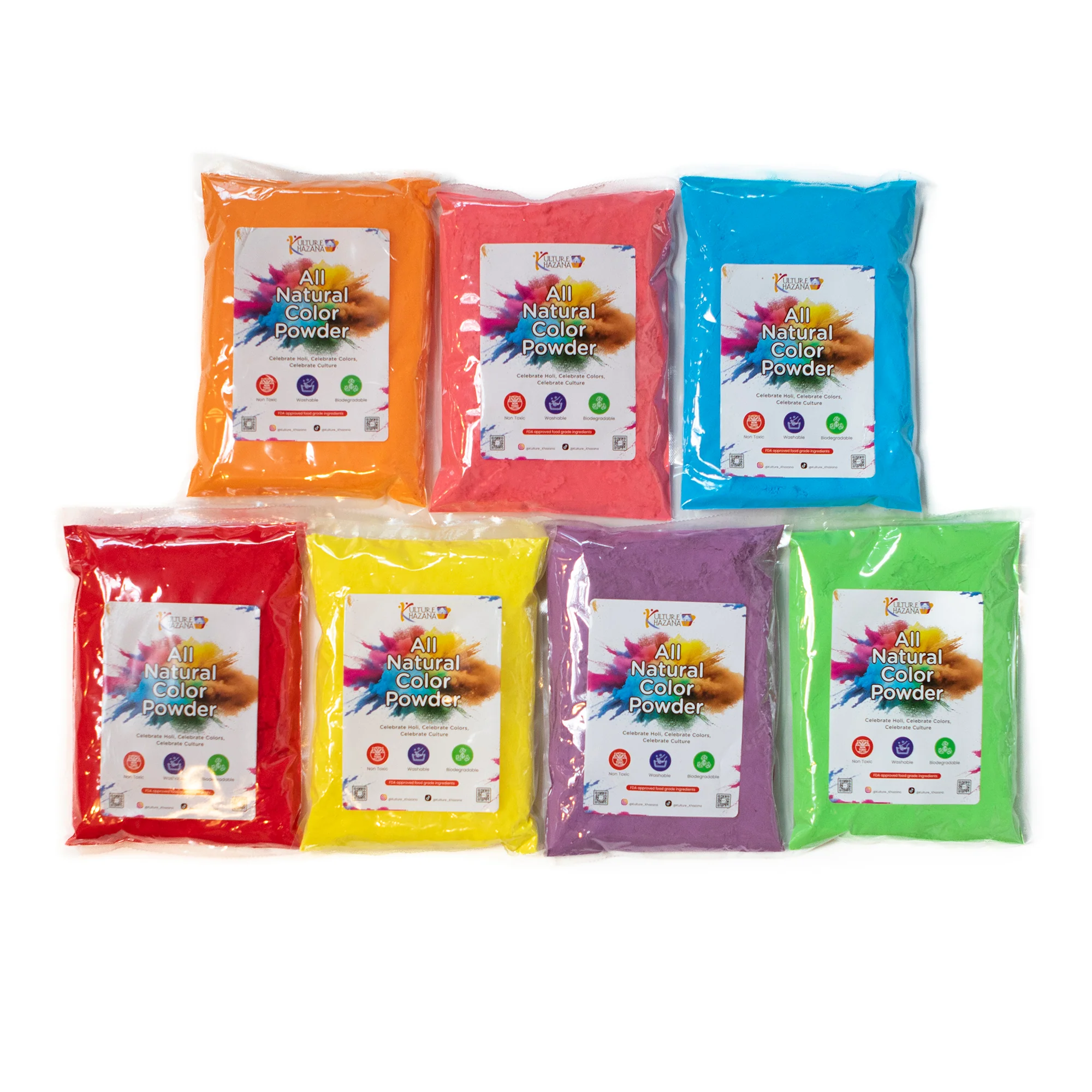 Kulture Khazana Holi Color Powder 7-Pack - All Natural Non-Toxic Festival Celebration