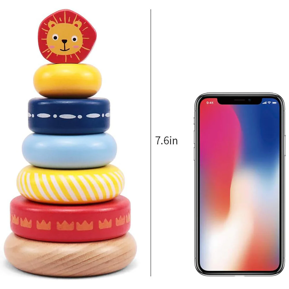 LEO & FRIENDS Lion-Top Wooden Stacking Ring Toy - Colorful - Image 2