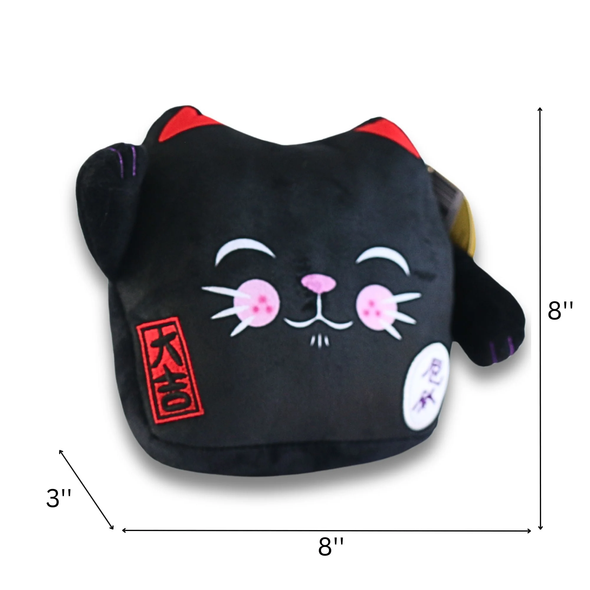 Maneki Neko Lucky Cat Velboa Cushion - 8" Black Closed Eye - Image 2