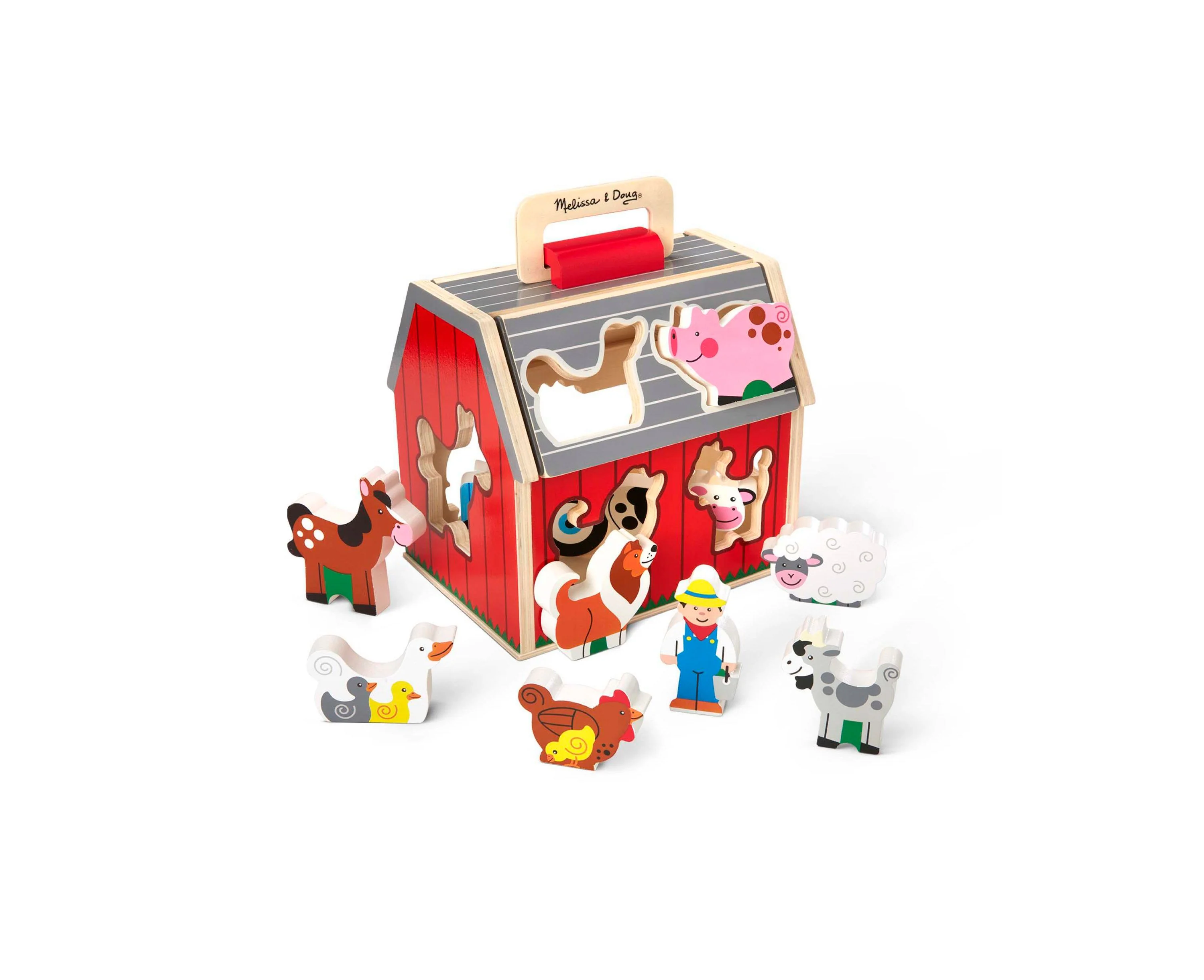 Melissa & Doug Take-Along Sorting Barn - 11-Piece Wooden Shape Sorter & Farm Playset For Ages 2+