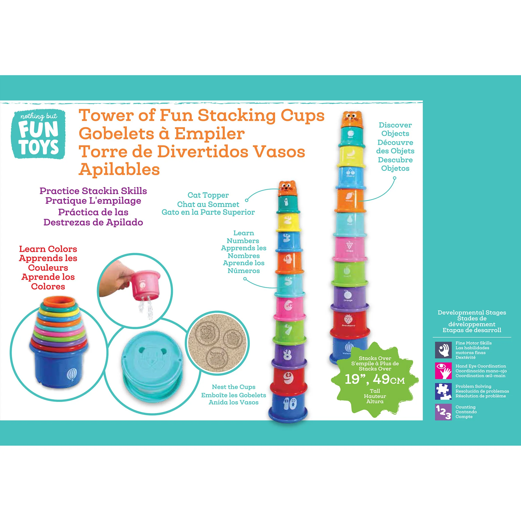 Nothing But Fun Toys Tower of Fun Stacking Cups - 10pc Rainbow Delight - Image 3