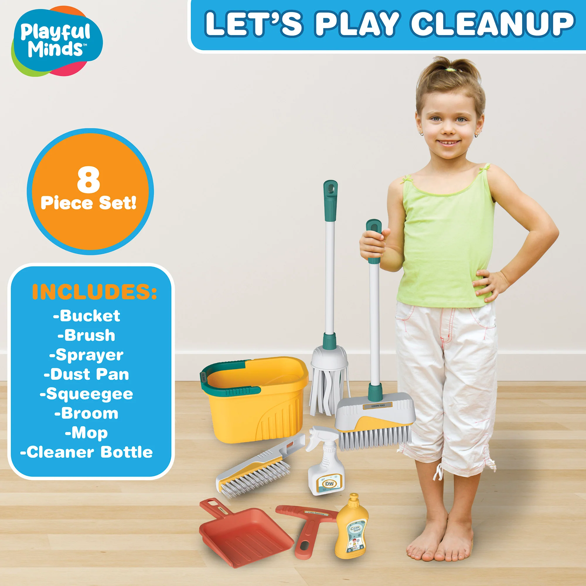 Playful Minds 8pc Household Cleaning Set - Pretend Play Kit for Ages 3+ - Image 2