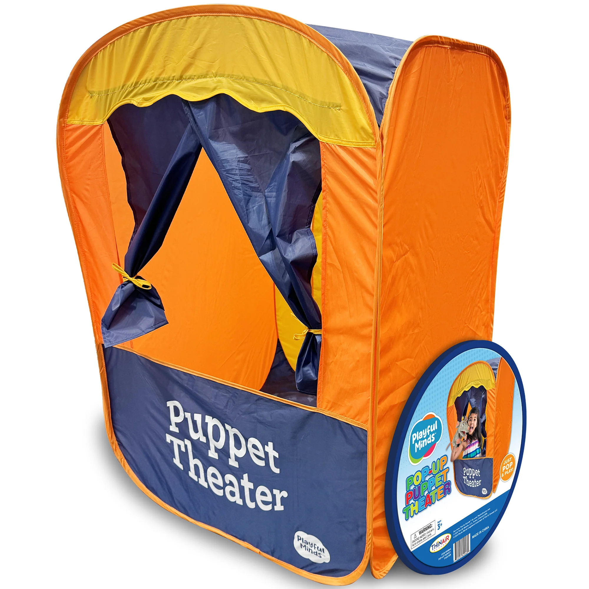 Playful Minds Pop-Up Puppet Theater Tent for Kids - Orange & Blue