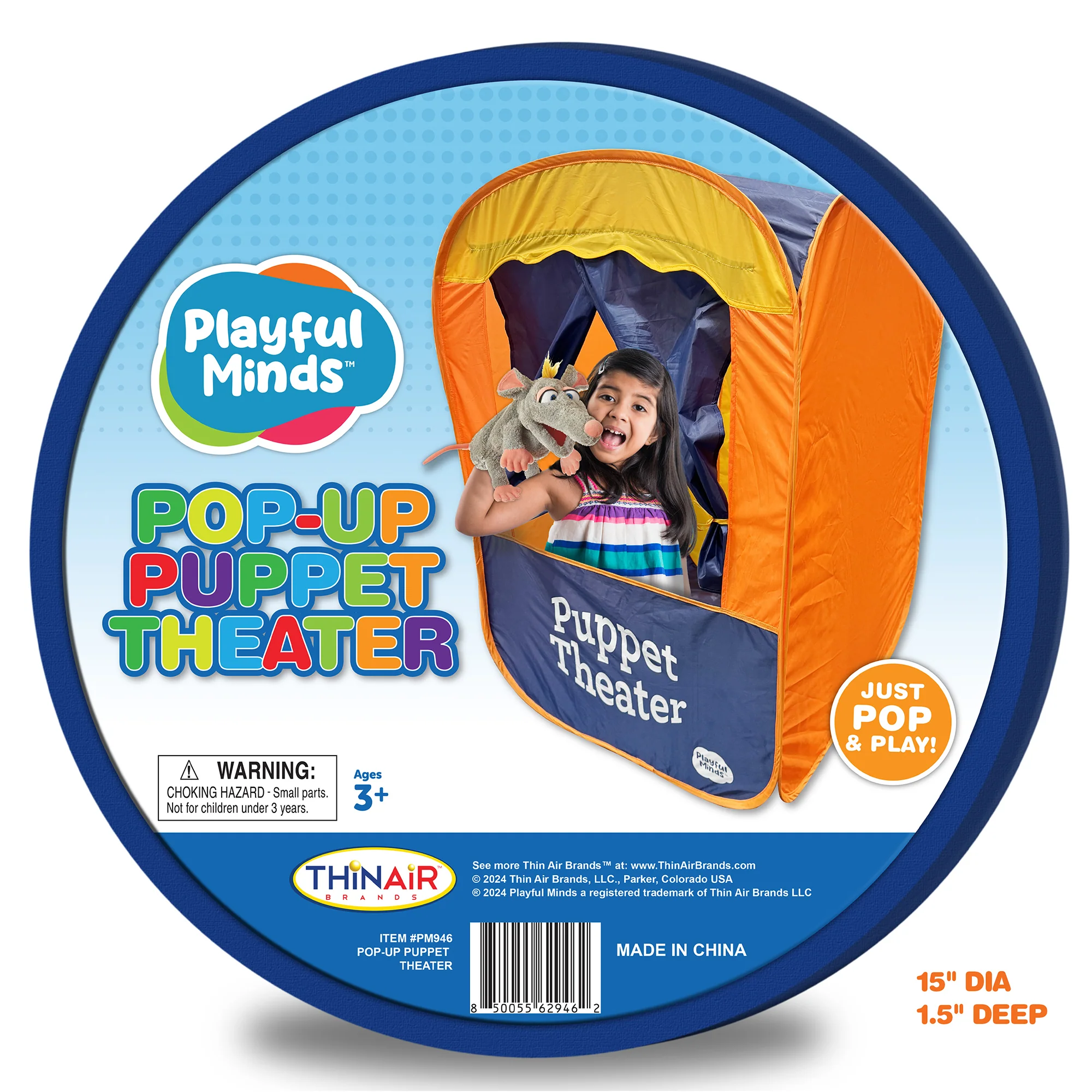 Playful Minds Pop-Up Puppet Theater Tent for Kids - Orange & Blue - Image 2