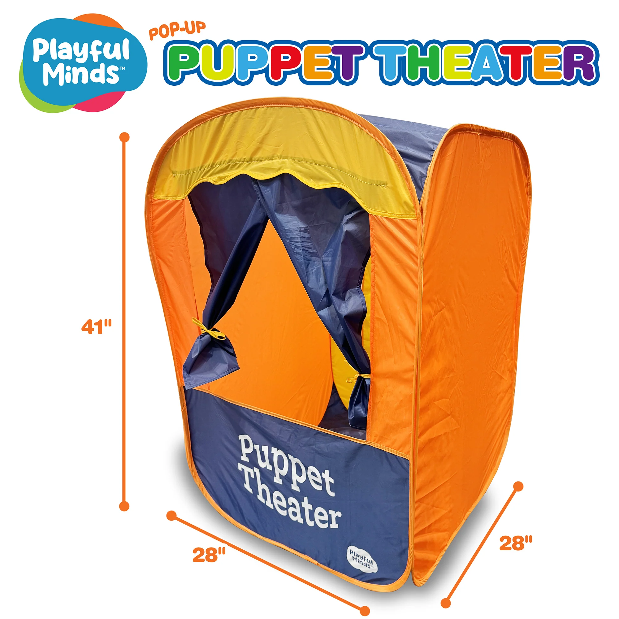Playful Minds Pop-Up Puppet Theater Tent for Kids - Orange & Blue - Image 3