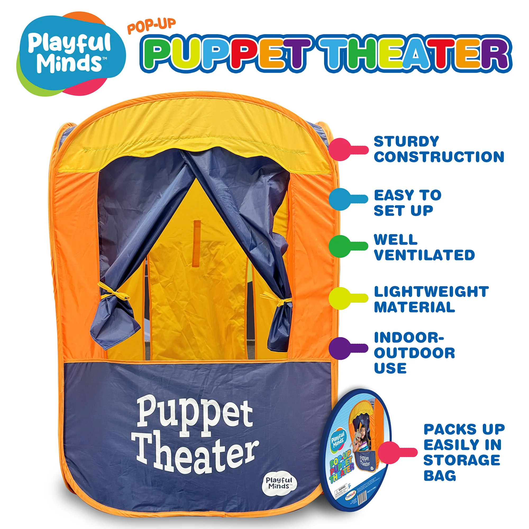 Playful Minds Pop-Up Puppet Theater Tent for Kids - Orange & Blue - Image 4