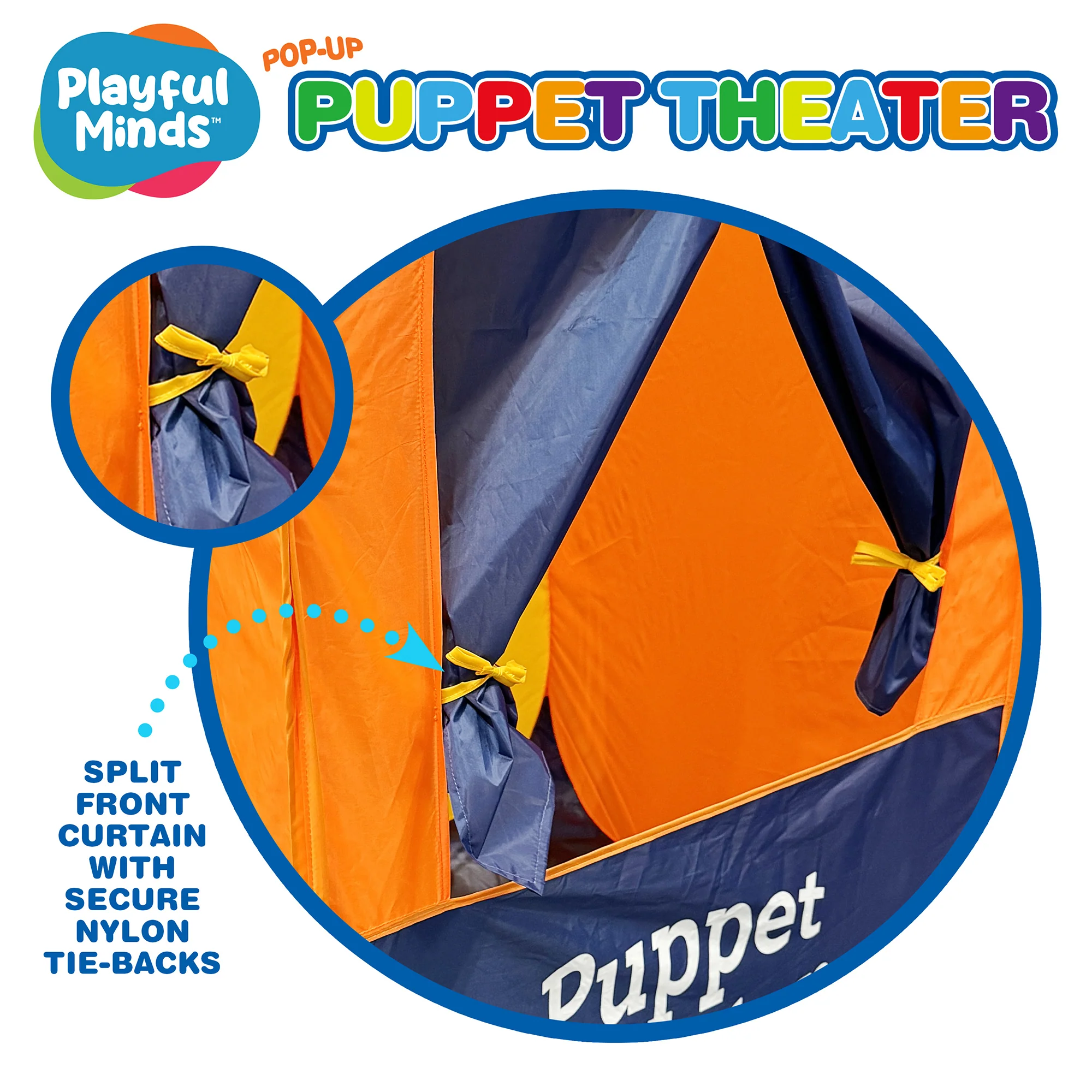 Playful Minds Pop-Up Puppet Theater Tent for Kids - Orange & Blue - Image 5