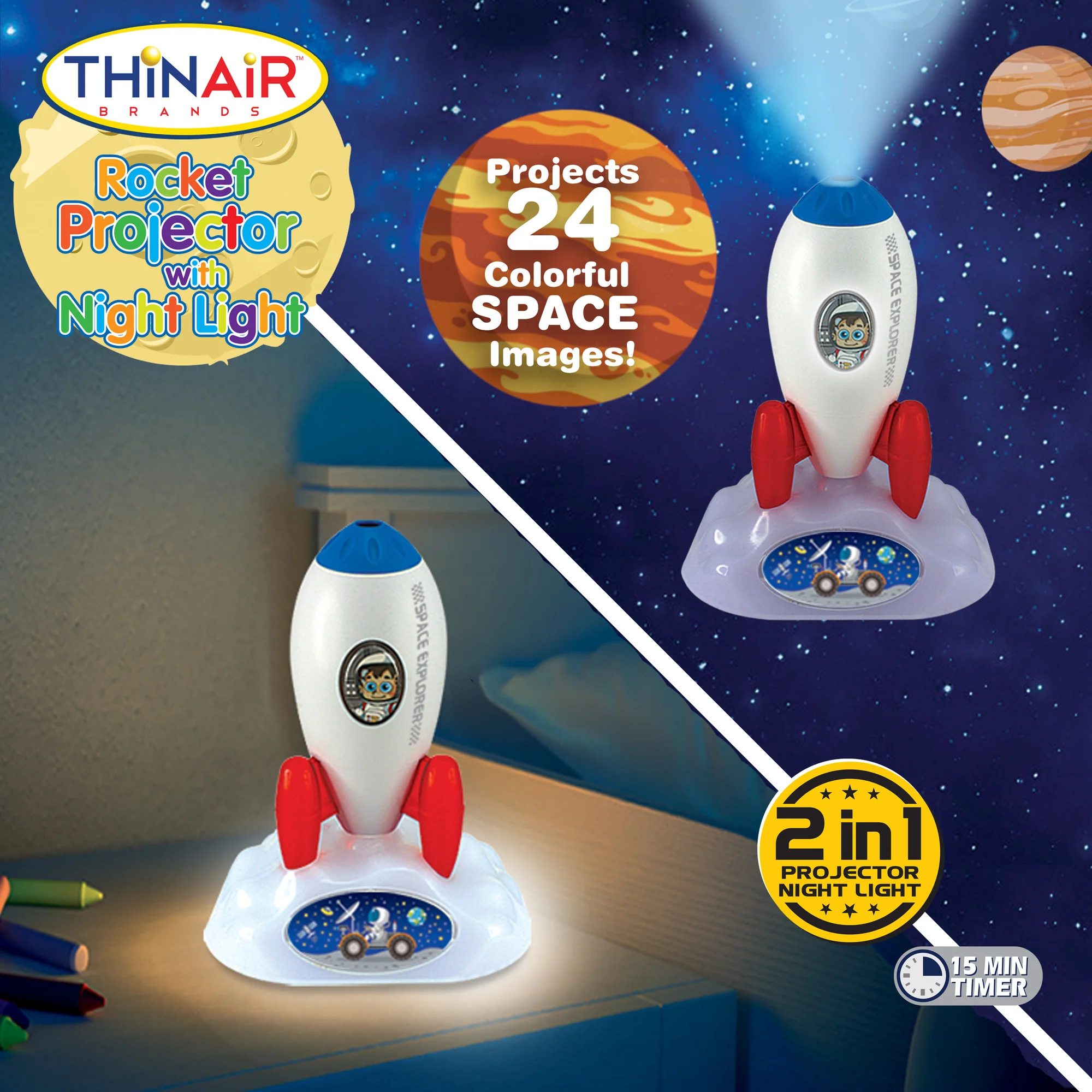 Playful Minds Rocket Projector Night Light - Galactic 2-in-1 Display - Image 2