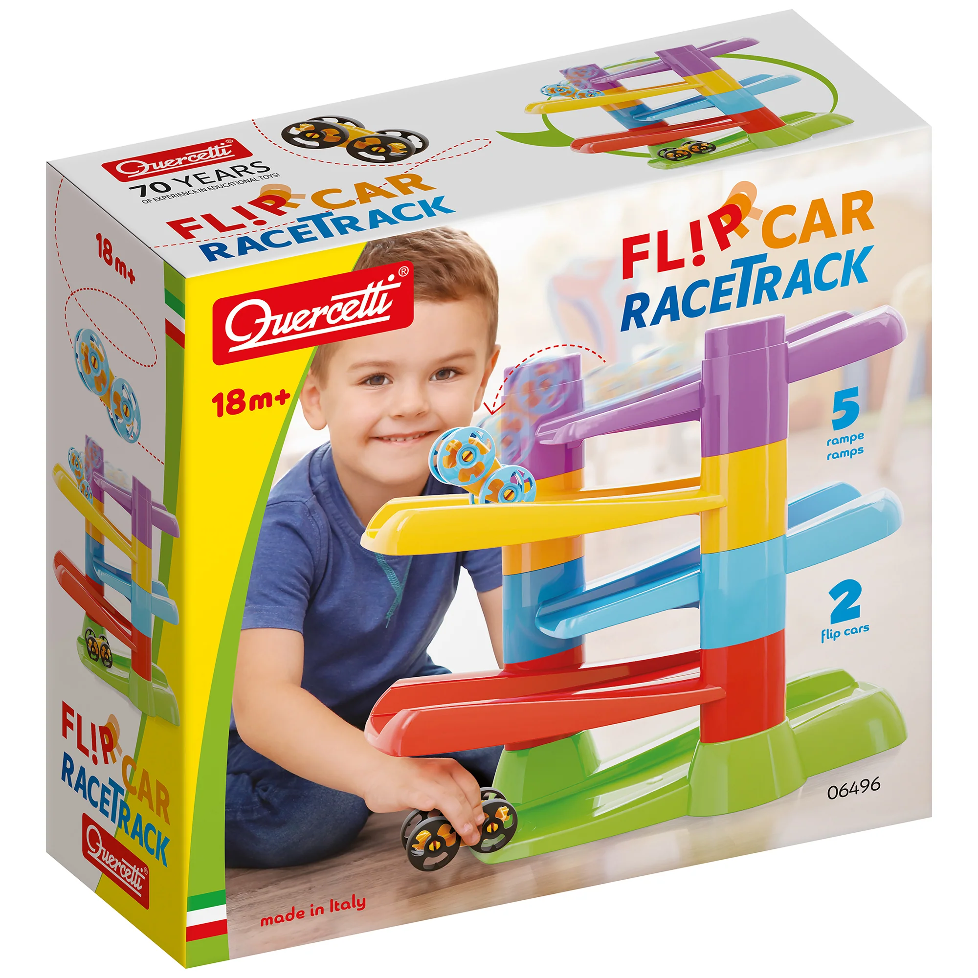 Quercetti Flip & Zoom Race Track with 2 Flipping Cars - Toddler Playset