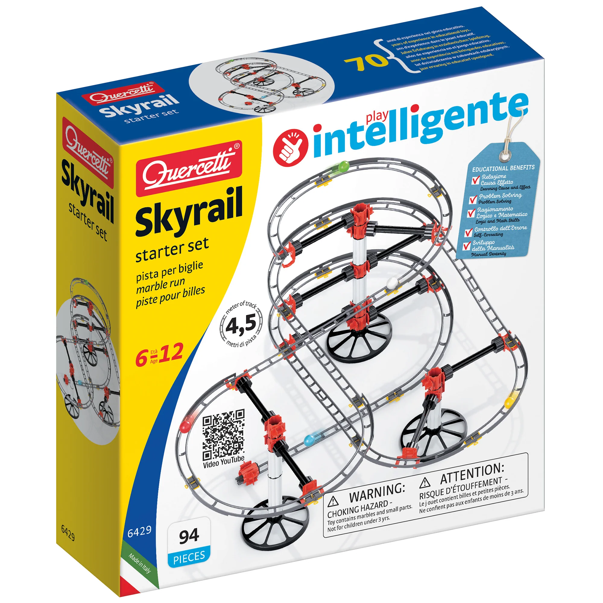 Quercetti Skyrail Starter Set 94-Piece Marble Rollercoaster Run - STEM Building Kit