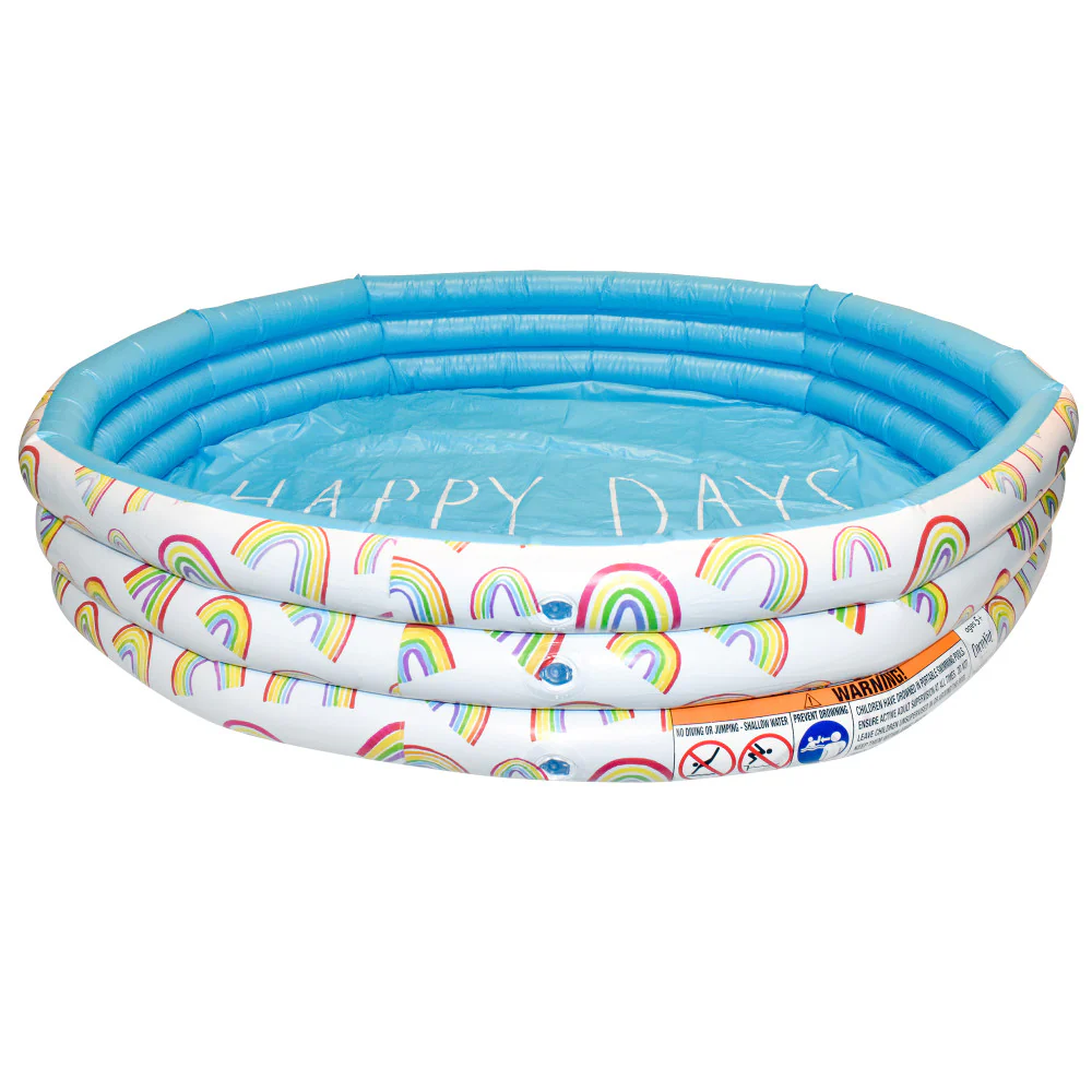 Rae Dunn Happy Days Aqua Rainbow 46" Mini Pool with CocoNut Float - Inflatable Kiddie Pool for Outdoor Fun