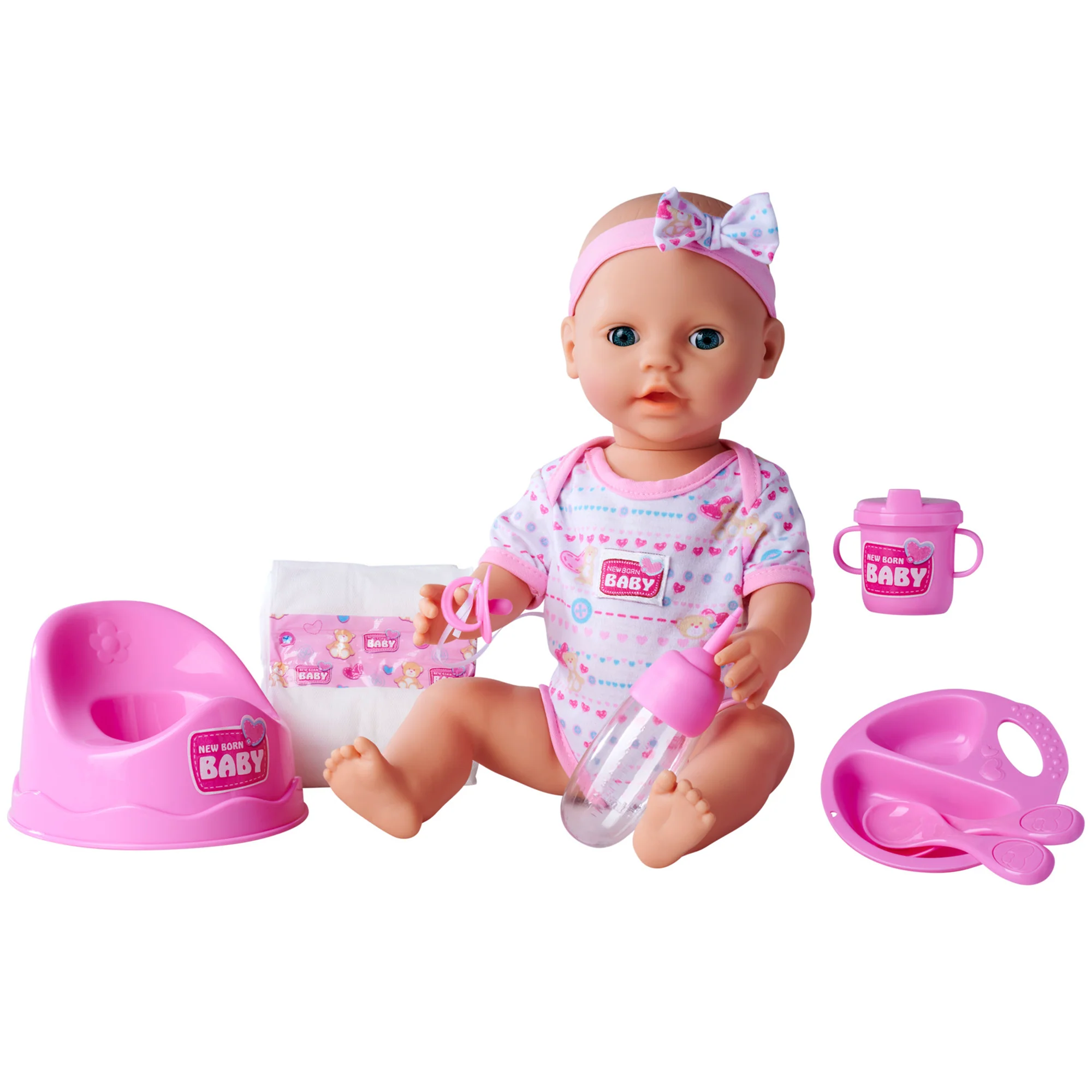 Simba Toys 17" Drink & Wet Baby Doll with Pink Heart Onesie & Accessories - Image 2