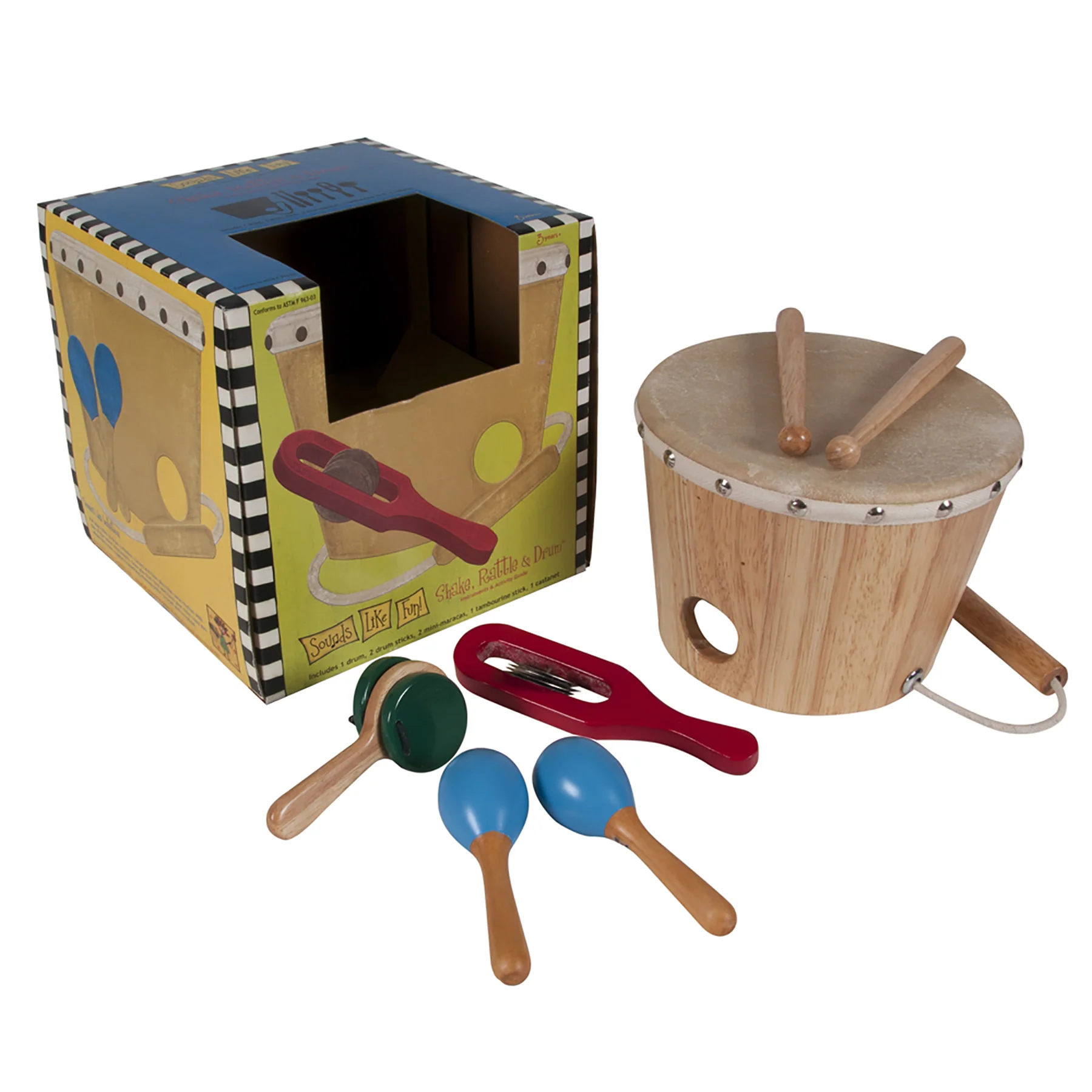 Sounds Like Fun! Wooden Shake Rattle and Drum Set - Image 2