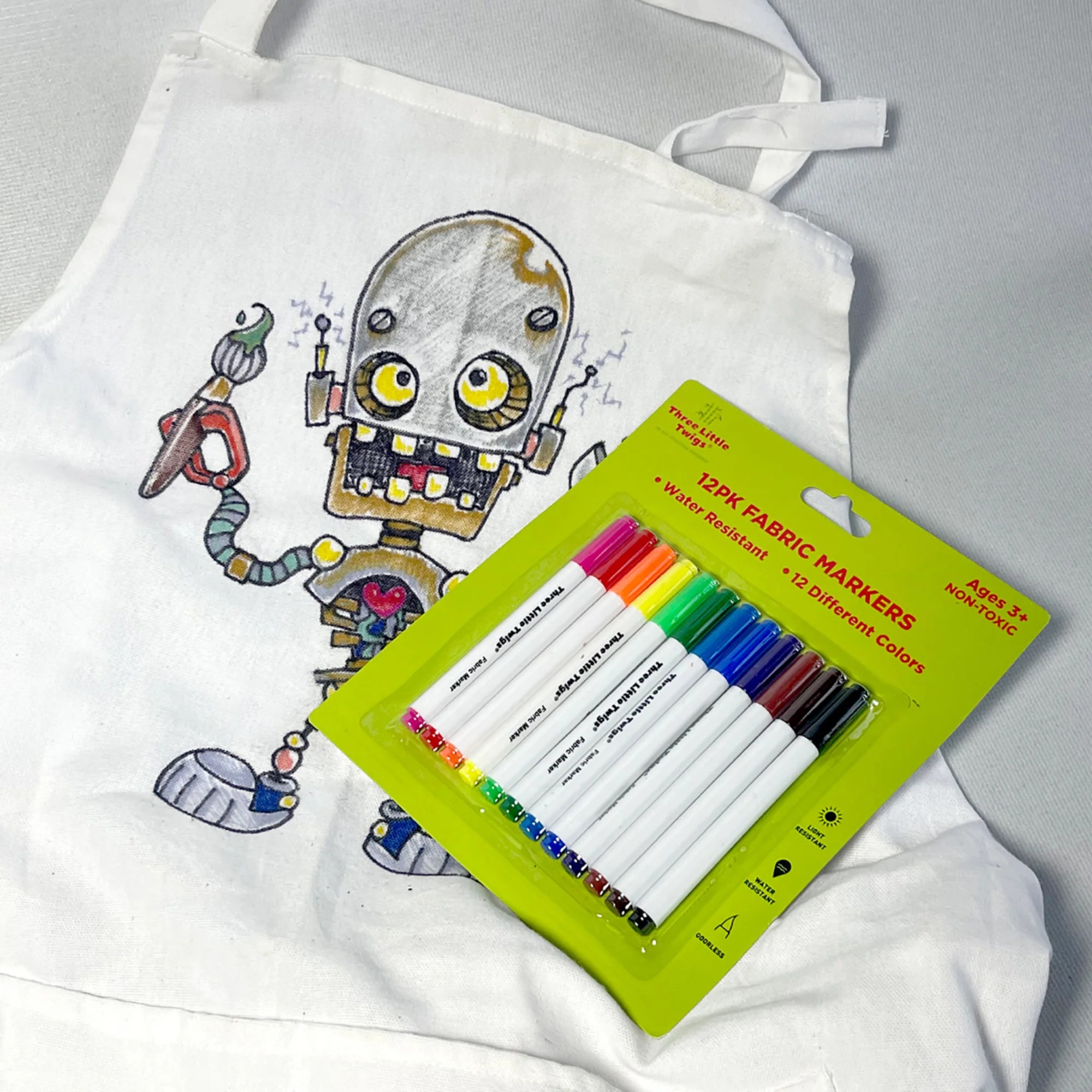 Three Little Twigs DIY Coloring Set: 12 Fabric Markers & Canvas Apron - Image 2