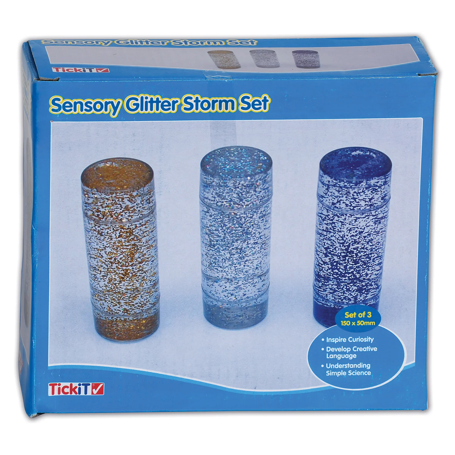 TickiT Sensory Glitter Storm Liquid Glitter Tubes - Set of 3 - Blue, Silver, Gold - Image 2