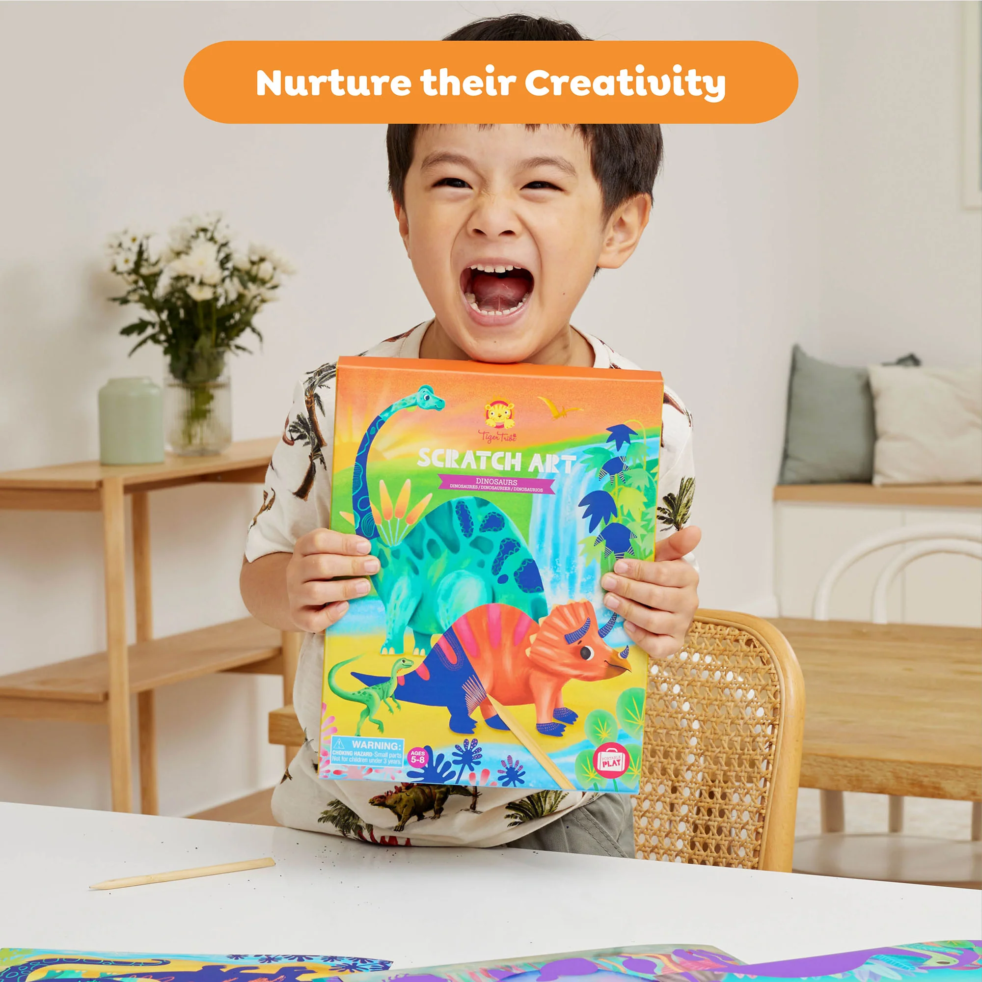 Tiger Tribe Dinosaur Scratch Art Kit - 8 Colorful Illustrations, Wooden Tools, Ages 5+ - Image 4